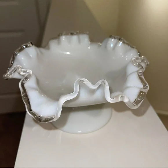 Fenton Silver Crest White Pedestal Bowl 7” - Picture 2 of 5